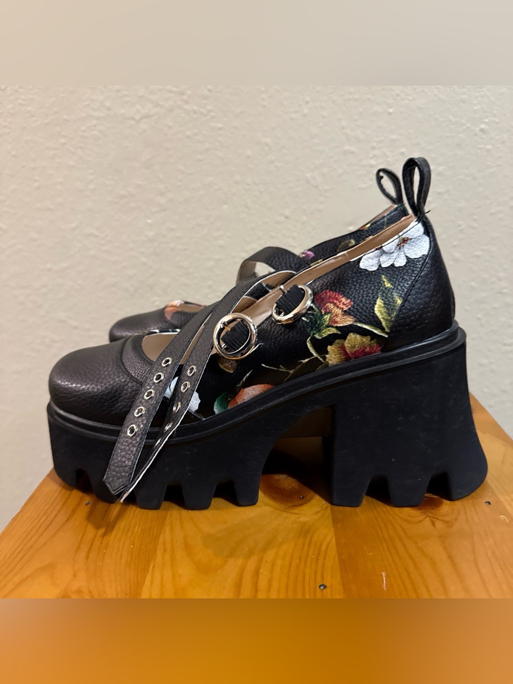 Black Floral Platform Block Heel Loafers - Women's Heels